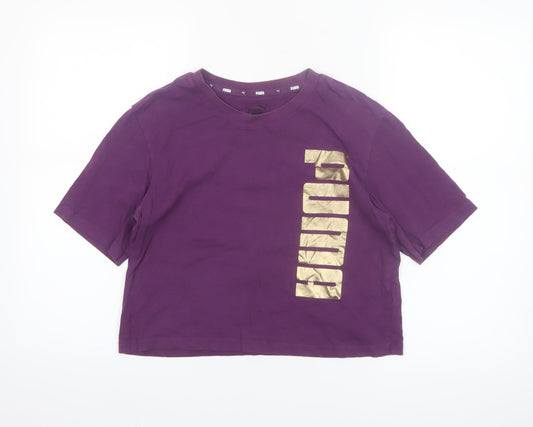Additional front view of Puma women’s purple cropped t-shirt, size S, casual logo tee
