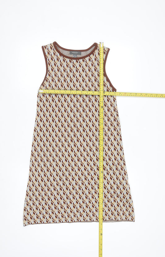 Primark Women’s Brown Geometric Shift Dress Size 10-12 Sleeveless Knit Retro
