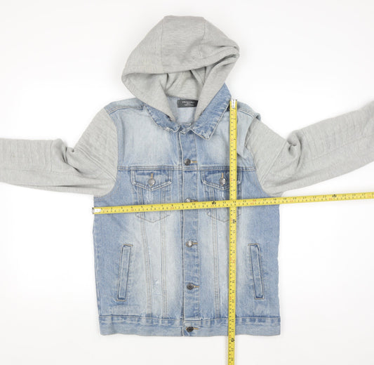 Primark Men Blue Denim Jacket Hooded Grey Sleeves Size S