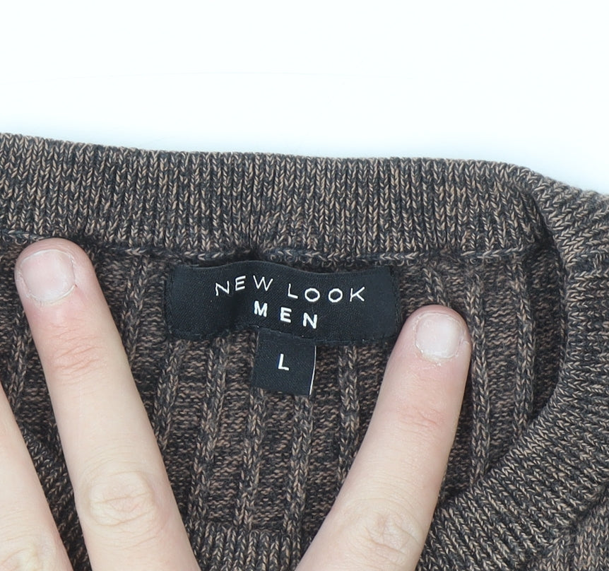 New Look Men Brown Ribbed Knit Cotton Jumper Size L Crew Neck