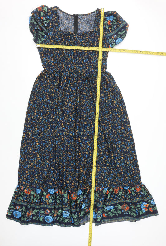 Skue Women Blue Floral Midi A-Line Dress Size 10 Puff Sleeve