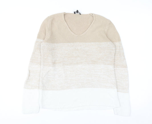 Marble Women Beige V-Neck Long Sleeve Chunky Knit Jumper Size 12