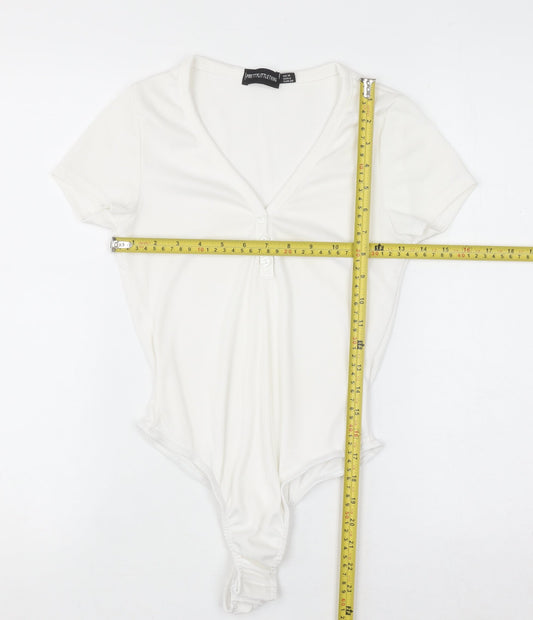 PrettyLittleThing Women White V-Neck Rib T-Shirt Bodysuit Size 10