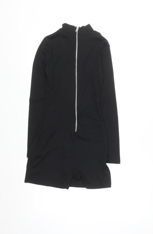 PrettyLittleThing Women's Black Ribbed Zip Long Sleeve Playsuit Size 8
