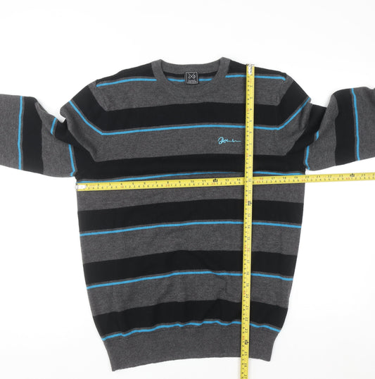 John Devin Men's Grey Striped Cotton Acrylic Pullover Jumper M