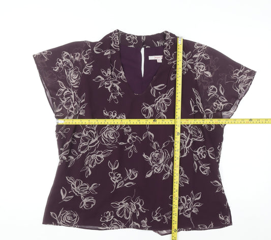 Jacques Vert Women's Purple Floral Chiffon V-Neck Tunic Blouse Size 18