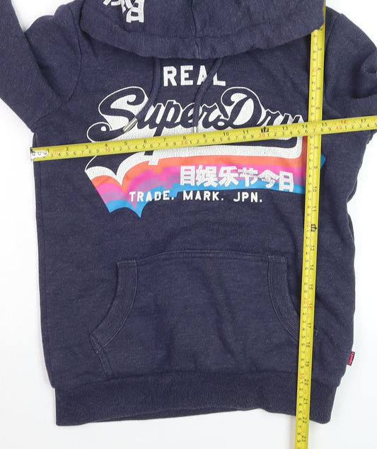 Superdry Women Navy Blue Pullover Hoodie UK 8 Cotton Blend Graphic Print