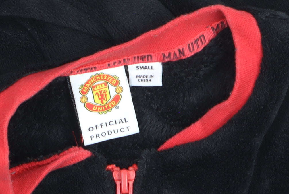 Brand and care label for Manchester United boys’ black fleece one piece pyjama s zip up winter nightwear