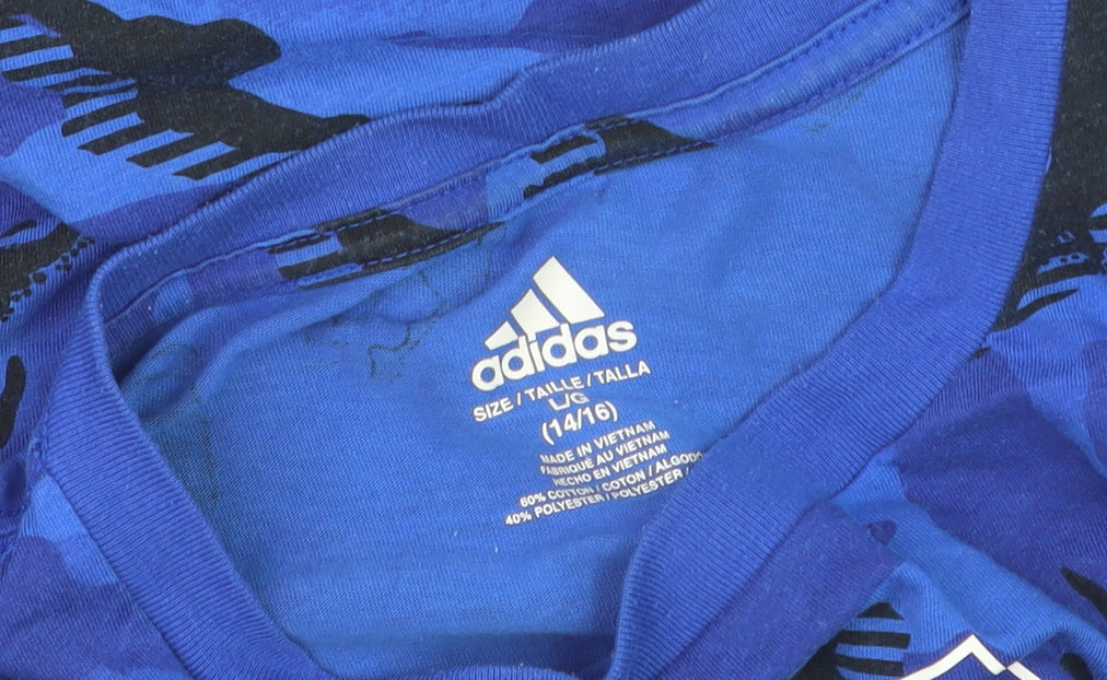 Adidas Boys Blue Camouflage Logo T-Shirt Size 14-16 Years Short Sleeve