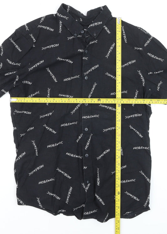 Pull & Bear Men's Black Graphic Short Sleeve Button-Up Shirt L
