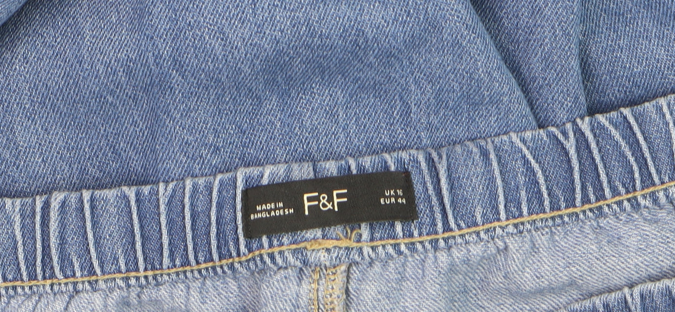 F&F Women's Blue Wide-Leg Denim Jeans Size 16 with Elastic Waist