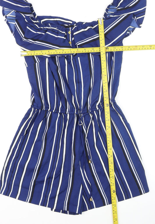 Atmosphere Women Blue Striped Off Shoulder Playsuit Size 10