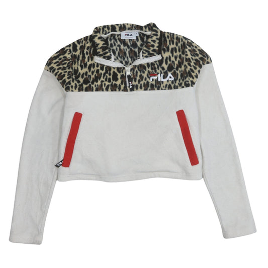 Additional front view of Fila women’s white leopard 1/2 zip pullover sweatshirt, size S