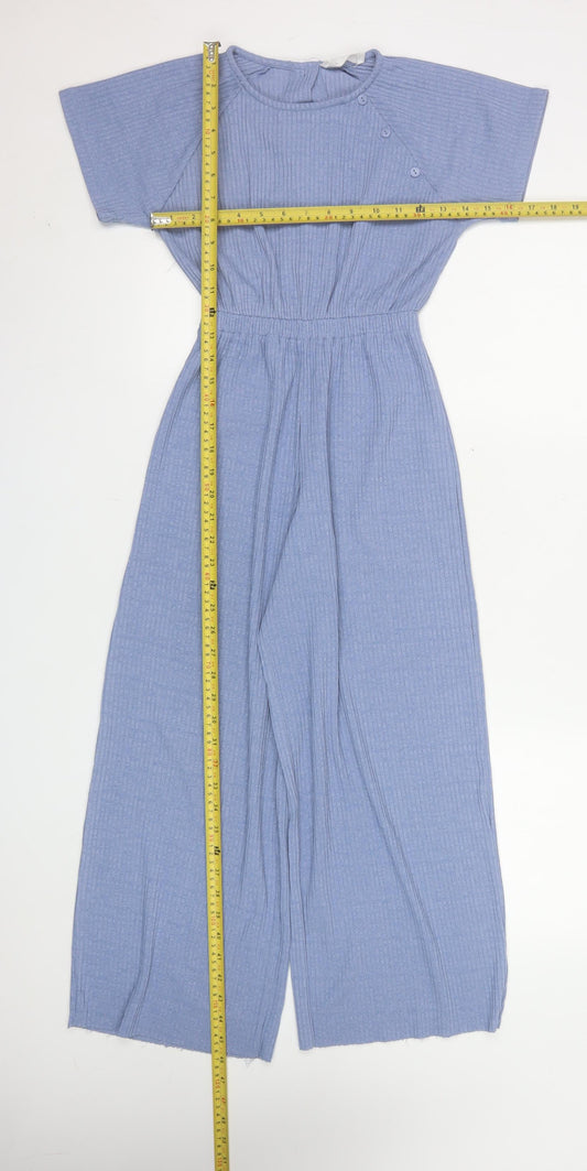 Zara Blue Knit Jumpsuit Teen Girls Size 10 Short Sleeve Wide Leg