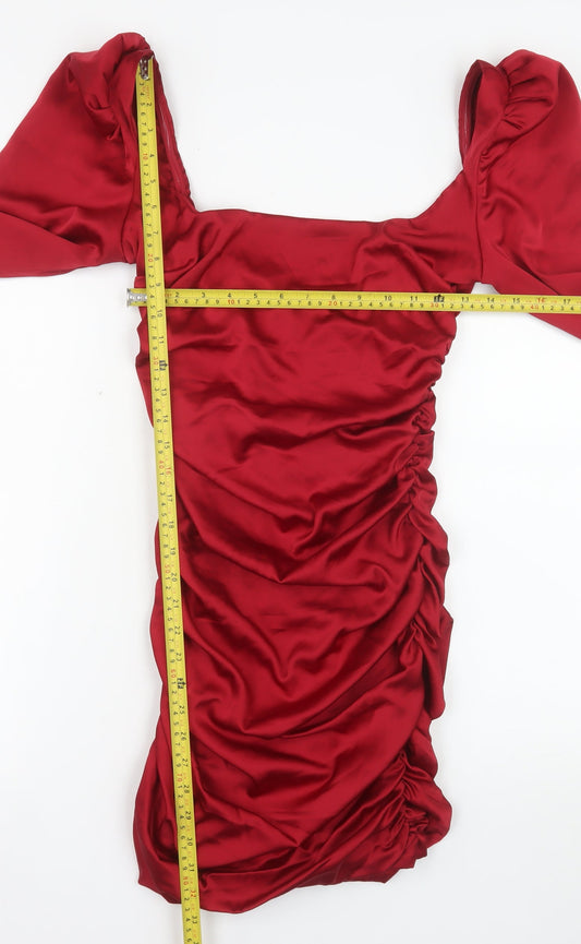 Oh Polly Women’s Red Ruched Satin Bodycon Mini Dress Size 10