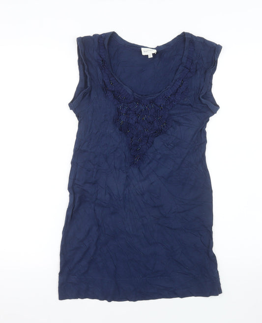Additional front view of Kaliko Women's Blue Beaded Sleeveless Blouse UK 8 Cotton Blend