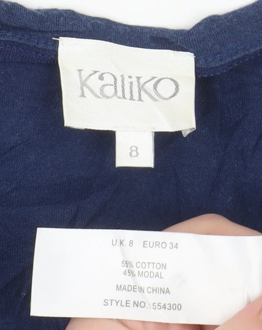 Brand and care label for Kaliko Women's Blue Beaded Sleeveless Blouse UK 8 Cotton Blend