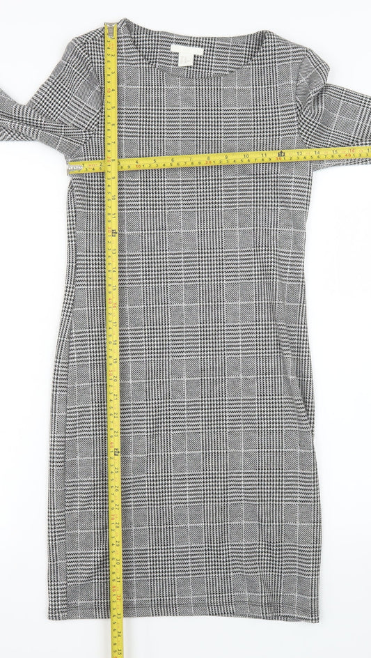 H&M Women Grey Check Shift Dress XS Long Sleeve Boat Neck