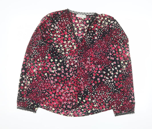 Additional front view of Gallery women’s multicoloured floral lace trim v-neck long sleeve blouse uk 12