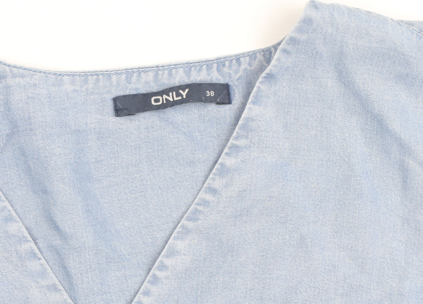 ONLY Women's Blue Cotton Tunic Blouse Size 10 V-Neck Bell Sleeve