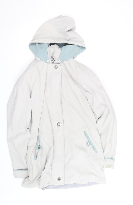 Additional front view of Aberille unisex white hooded rain coat, size 16, mid-length cotton blend