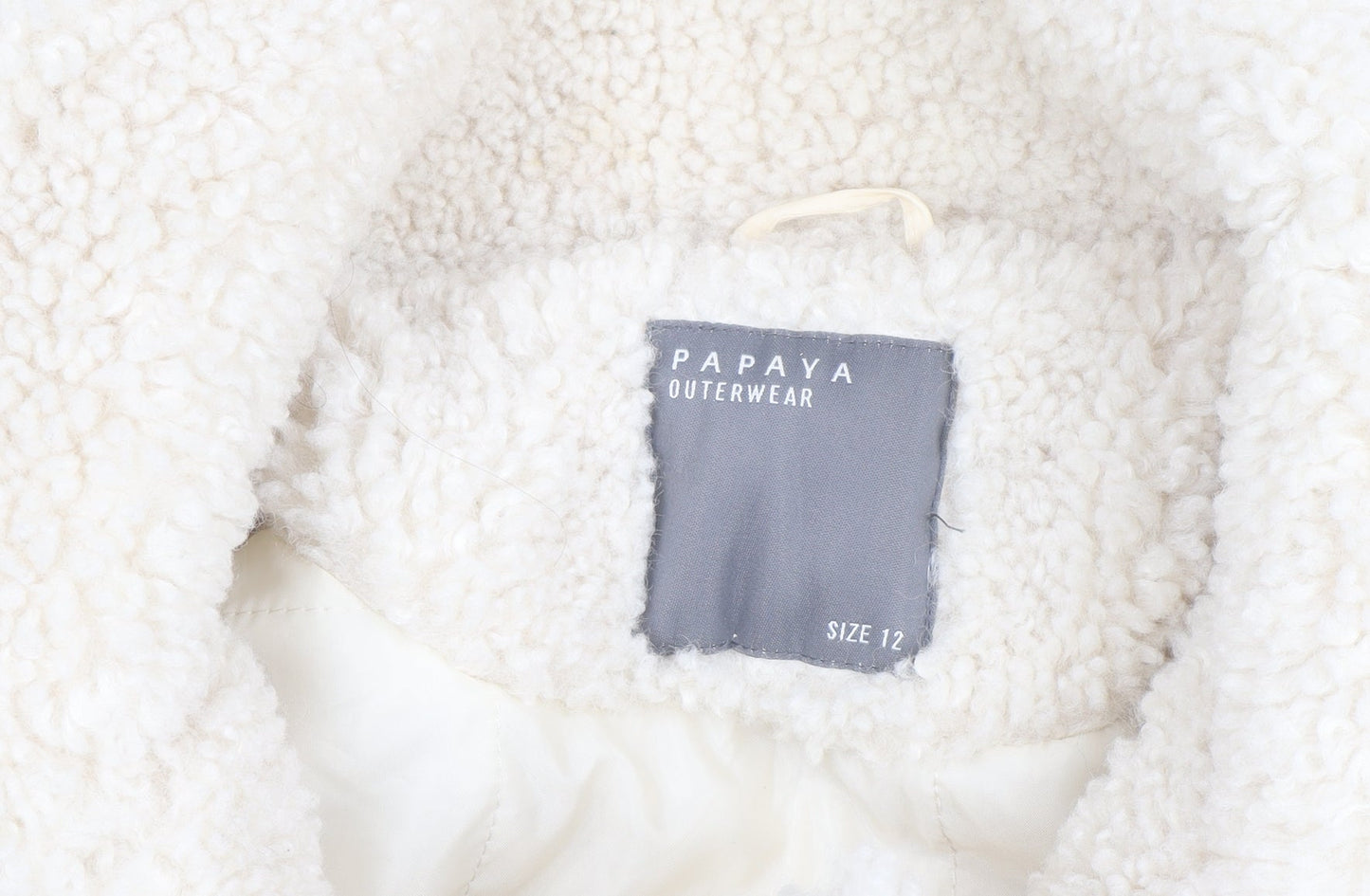 Brand and care label for Papaya Women Ivory Sherpa Fleece Short Jacket, size 12, Casual Winter