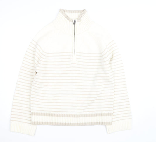 Dunnes Stores Women Ivory Striped 1/4 Zip High Neck Jumper Size 14