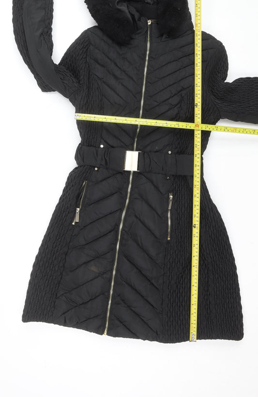 Karen Millen Women's Black Long Belted Hooded Puffer Coat Size 12