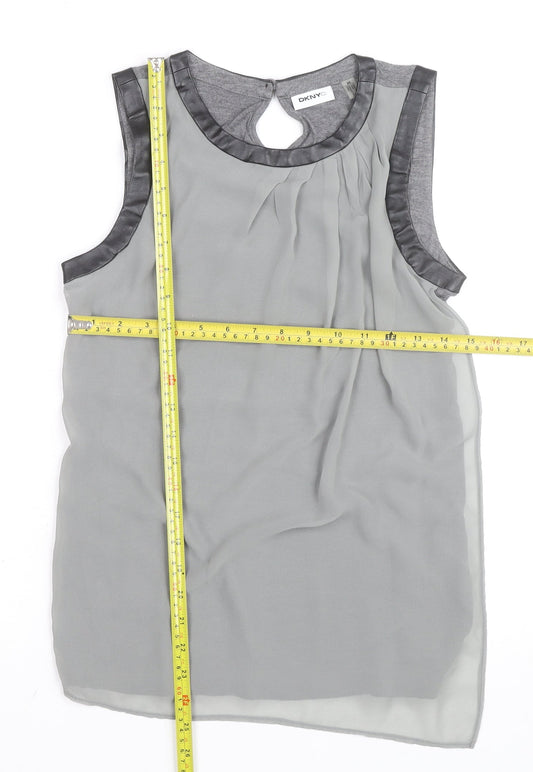 DKNYC Women's Grey Sleeveless Chiffon Top XS Faux Leather Trim