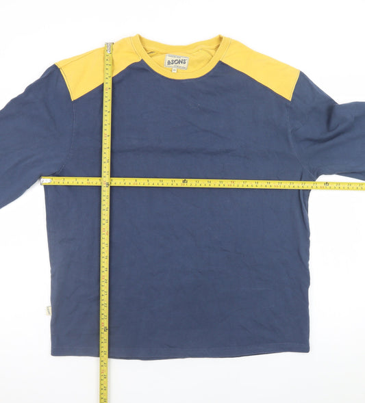 &SONS Men Blue Yellow Crew Neck Long Sleeve Cotton Sweatshirt L
