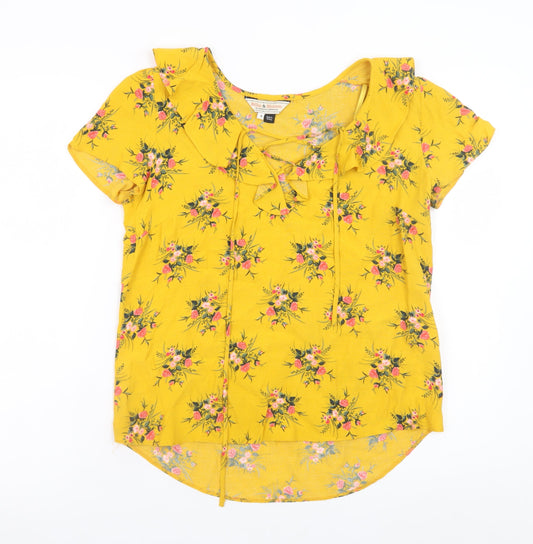 Dorothy Perkins Women's Yellow Floral Short Sleeve Blouse UK 8 Viscose