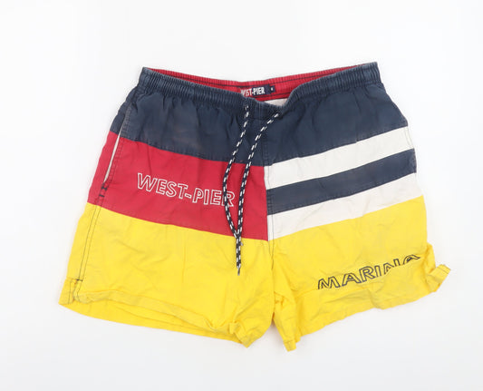 Additional front view of West-Pier men’s multicoloured swim shorts yellow red blue, size M