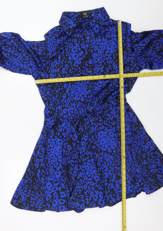 AX Paris Women's Blue Animal Print Long Sleeve Shirt Dress Size 12