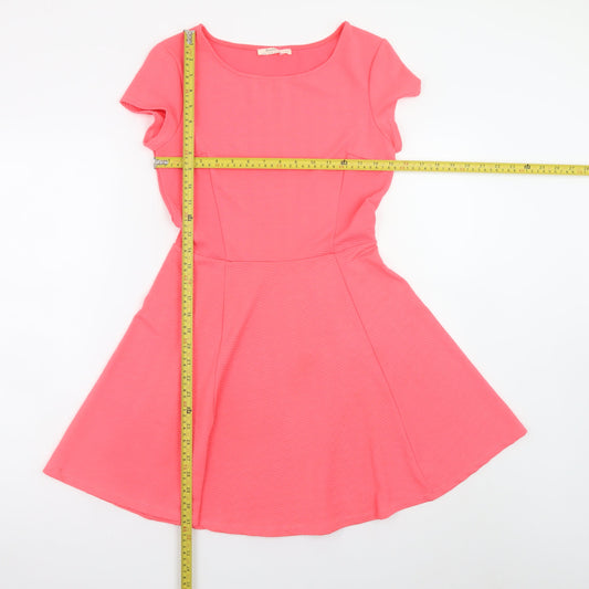Bershka Women's Pink Skater Dress Size 12 Short Sleeve Scoop Neck