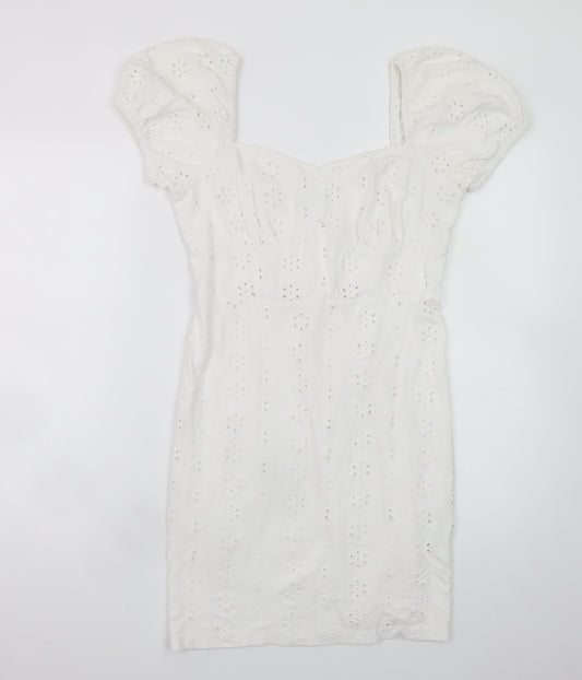 Additional front view of ASOS Women White, size 10, Short Puff Sleeve Cotton Shift Dress