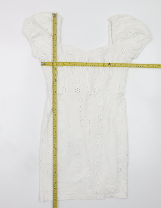 ASOS Women White Size 10 Short Puff Sleeve Cotton Shift Dress