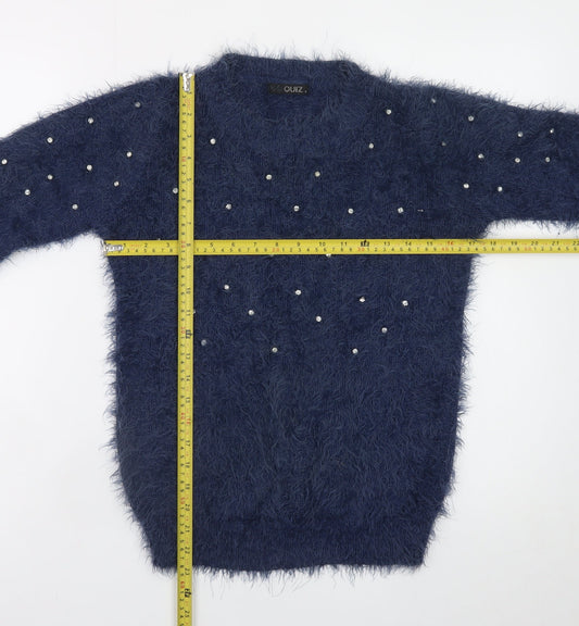Quiz Women's Blue Beaded Fuzzy Knit Long Sleeve Jumper S