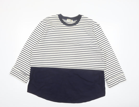 Additional front view of Gallery Women Blue Striped Long Sleeve Crew Neck Cotton T-Shirt, size 16