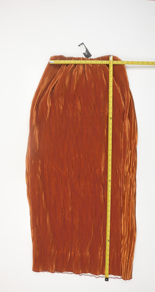 Boohoo Women’s Brown Pleated Satin Midi Skirt Size 14 Elastic Waist