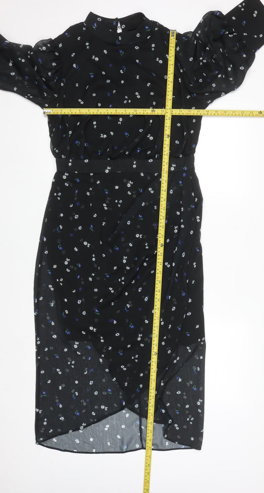 Lipsy Women Black Floral Midi Fit & Flare Dress Size 14