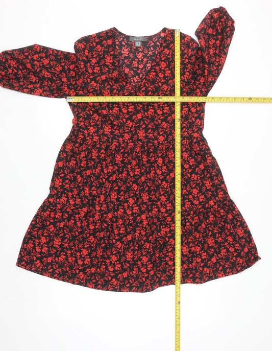 Primark Women’s Black Red Floral A-Line V-Neck 3/4 Sleeve Dress Size 8
