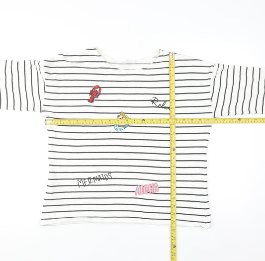 Mango Women White Striped Mermaid Embroidered Cotton Sweatshirt XS