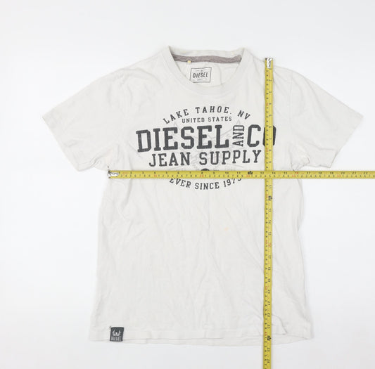 Diesel Men's White Graphic Print Cotton Crew Neck T-Shirt Small