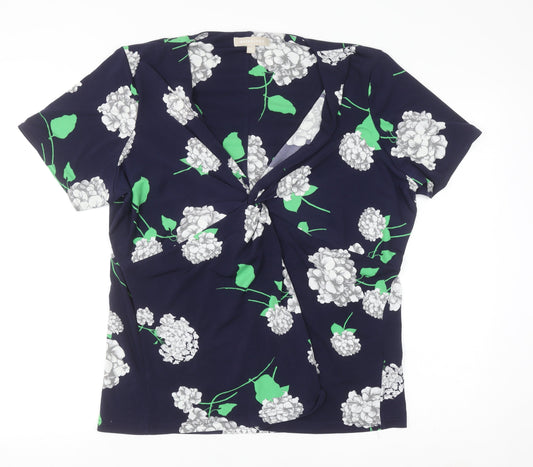 Anthology Women Blue Floral Wrap Blouse Size 18 Short Sleeve