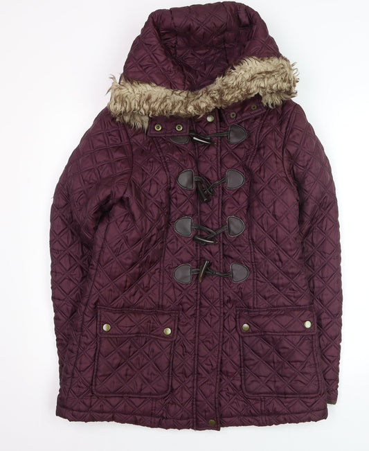 New Look Womens Purple Quilted Hooded Duffle Coat Size 12