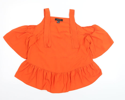 Additional front view of Atmosphere Women's Orange Cold Shoulder Ruffle Camisole Blouse, size 8