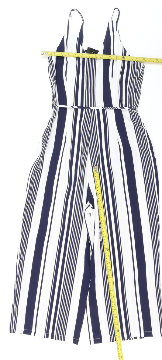 AX Paris Women’s Navy & White Striped Belted Jumpsuit Size 8 Summer Casual
