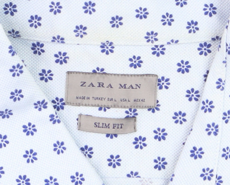 Brand and care label for Zara unisex white floral slim fit long sleeve button-up shirt l