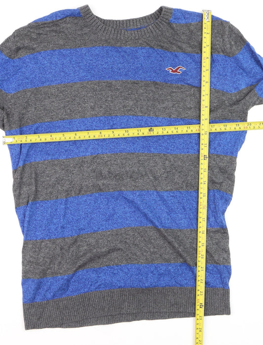 Hollister Men’s Blue Grey Striped Crew Neck Pullover Jumper M