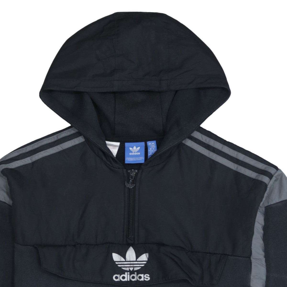 Additional view of Adidas boys’ black 1/2 zip pullover hoodie with grey stripes, size 15-16, years